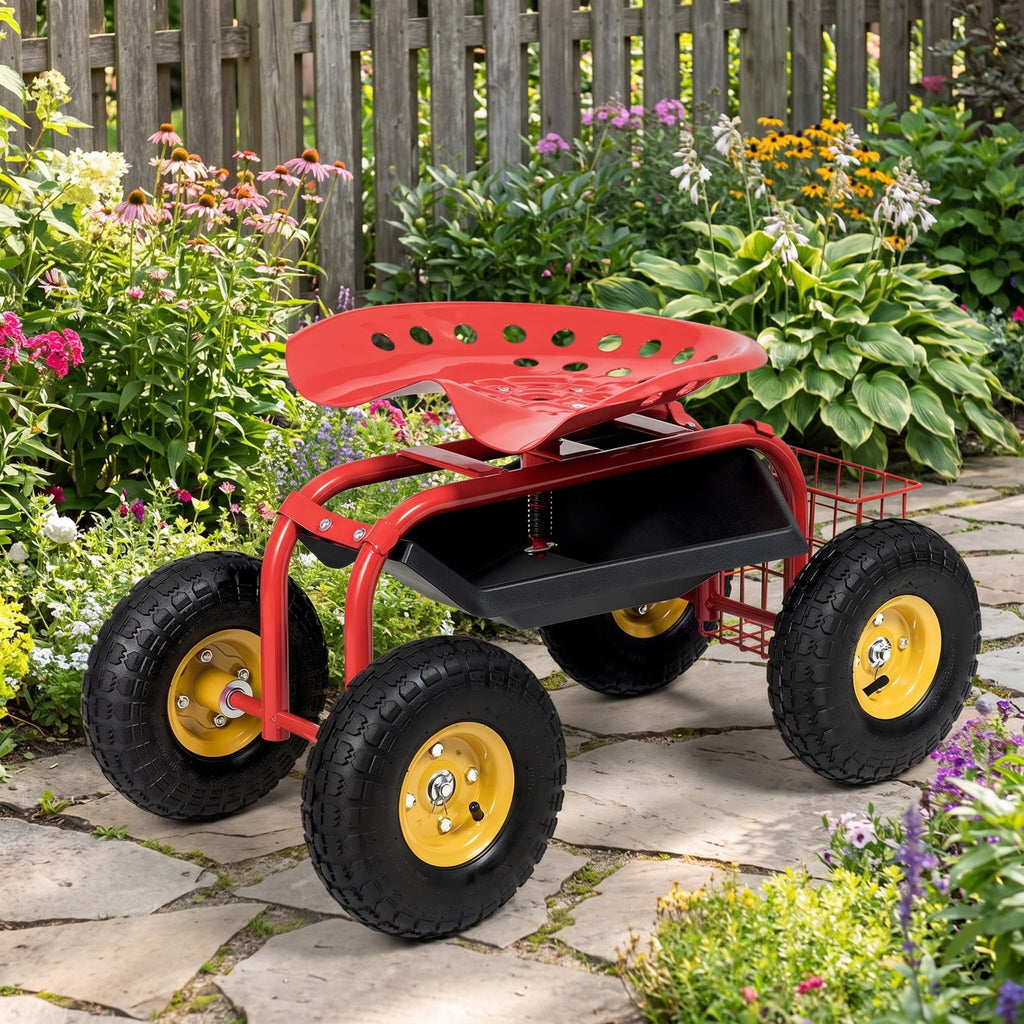 Airfind Red/Green Garden Cart Rolling Work Seat With Heavy Duty Tool Tray Gardening Planting, 33 x 16 x 22 Footprint, Red