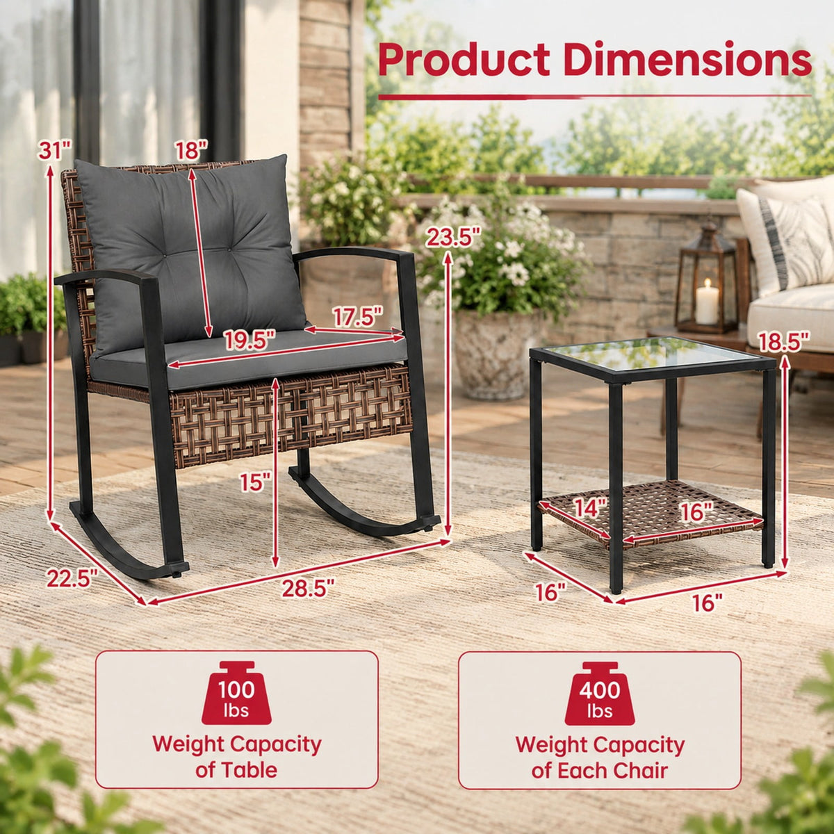 Airfind 3-Piece Outdoor Rocking Chair Set, 100 lbs Capacity, PE Rattan Metal Glass Polyester Non-woven Fabric Sponge Frame, Gray