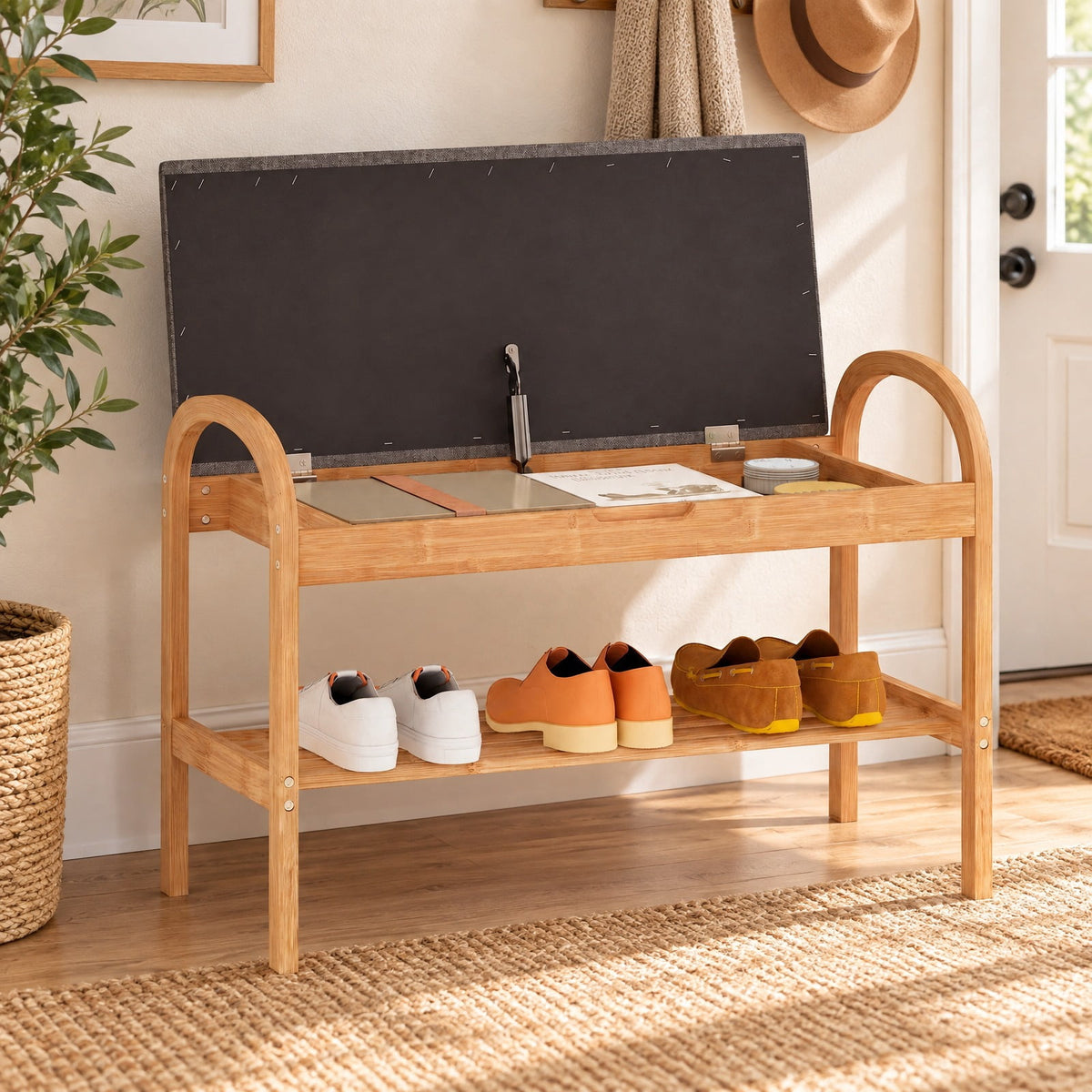 Airfind 2-Tier Bamboo Shoe Bench with Storage and Padded Cushion, 330 lbs Capacity, Bamboo Polyester Fabric Sponge Frame, Gray