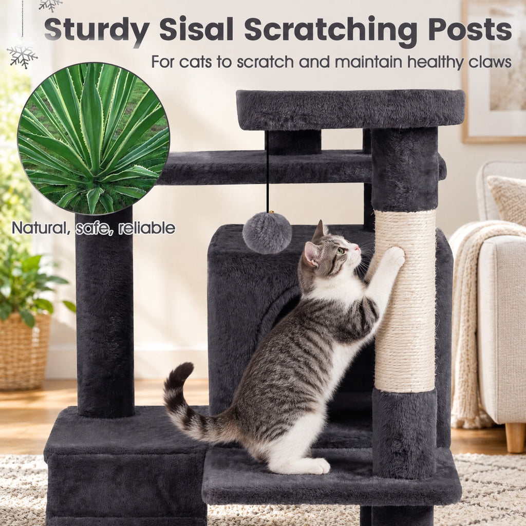 Airfind 52 Inch Tall Cat Tree Tower for Indoor Cats, 22 lbs Capacity, Engineered Wood Sponge Plush Fabric Sisal Frame, Dark Gray