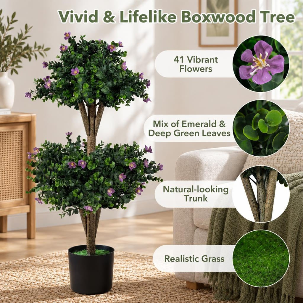 Airfind Set of 2 Faux Bush Plant with 41 Blossoms for Home, PP Cement PE Tree Height 36 Flower Pot Frame, Green and Black