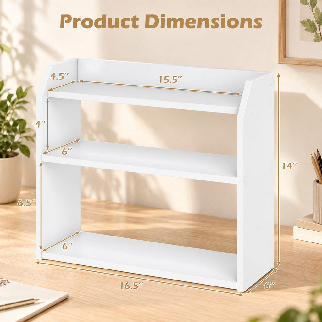 Airfind 3-Tier Desktop Bookshelf Wooden Countertop Bookcase with Raised Top Guardrails, 33 lbs Capacity, Engineered Wood Frame, White