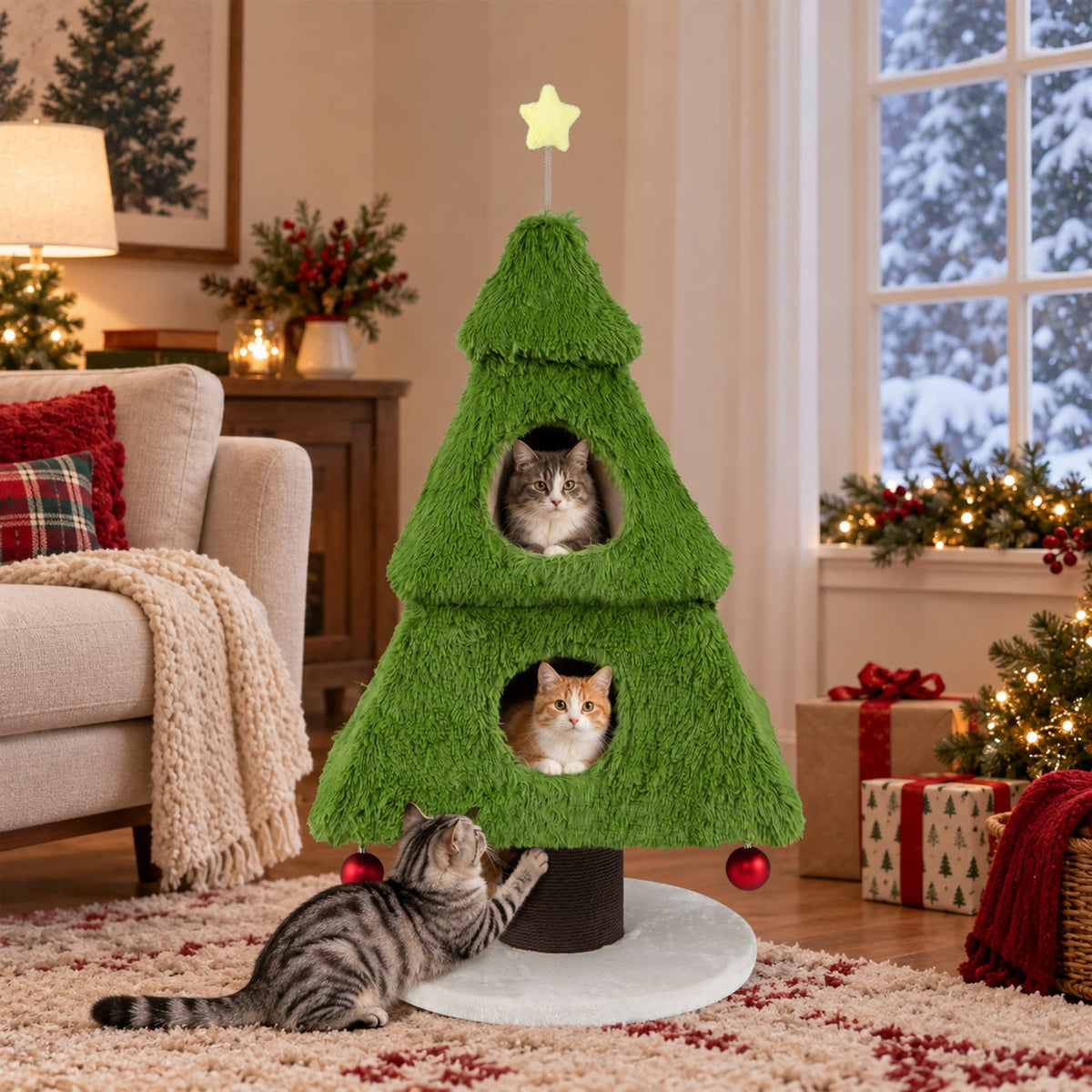 Airfind Christmas Cat Tree with Scratching Post and Dangling Balls for Indoor Cats, 33 lbs Capacity, Green