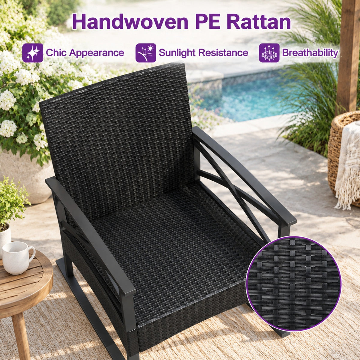 Airfind 3 Pieces Outdoor Rattan Rocking Chairs Set with 2-Tier Side Table for Garden Backyard, Table 100 lbs Capacity, 18 x 18 x 18.5 Footprint