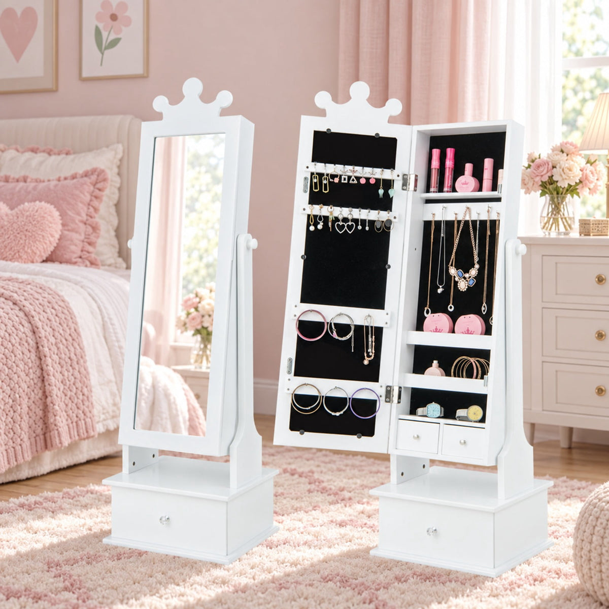 Airfind 2-in-1 Kids Play Jewelry Armoire with Full Length Mirror and Drawers, MDF Glass Frame, for 3+ Years Old, 13.5 x 12 x 40.5/44.5 Footprint