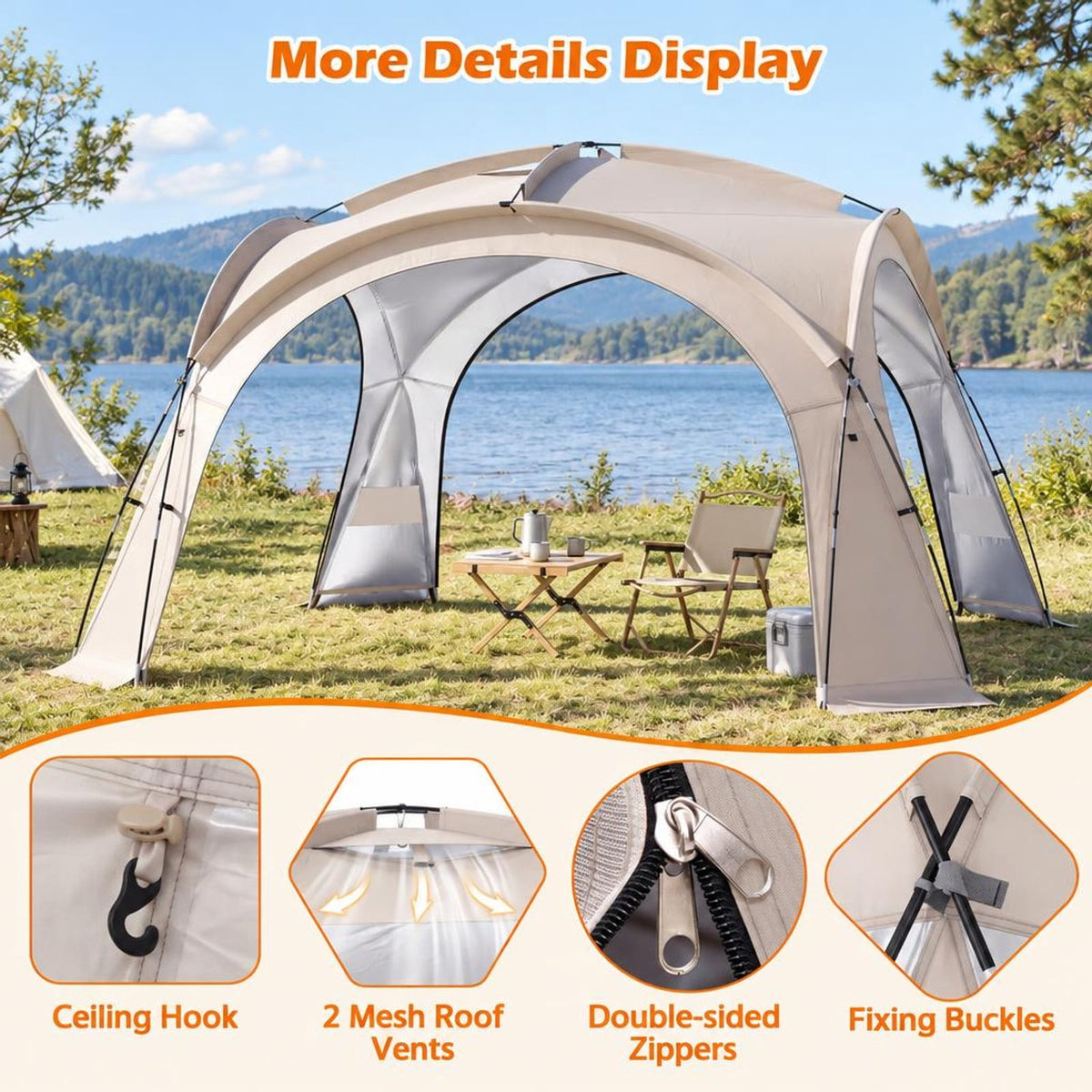 Airfind Beach Tent for 12-15 People Easy Setup Dome Canopy Tent with 4 Removable Zippered Sidewalls, Oxford Cloth Mesh Fiberglass Pole Frame, Brown