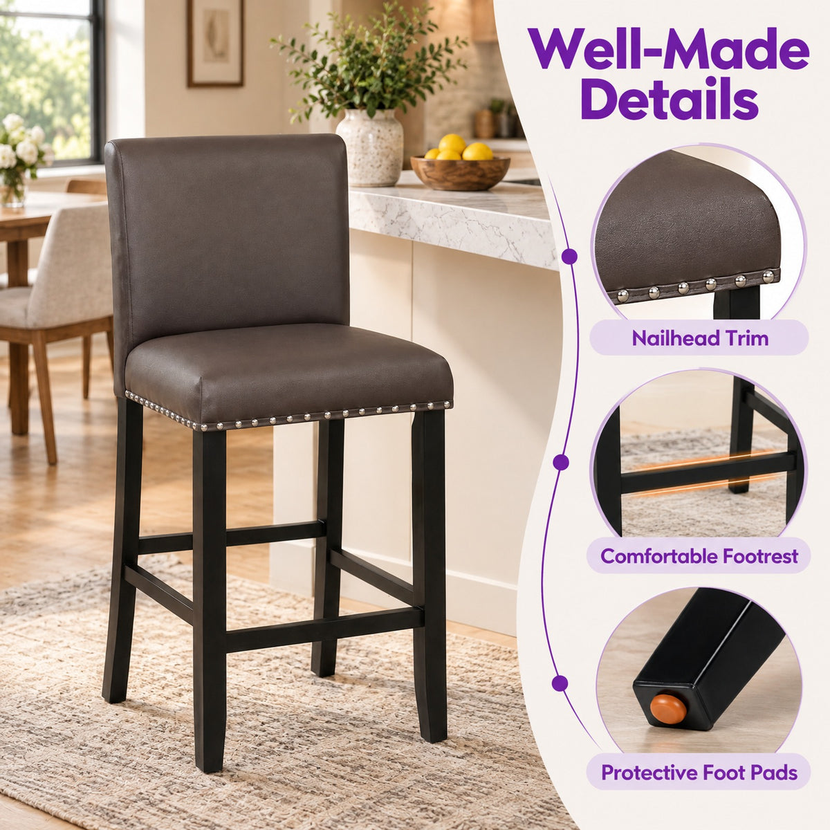 Airfind Set of 2 Bar Stools with Back for Kitchen Island, 245 lbs Capacity, Linen fabric(Gray)/PVC Leather(Black) LVL Frame, Brown