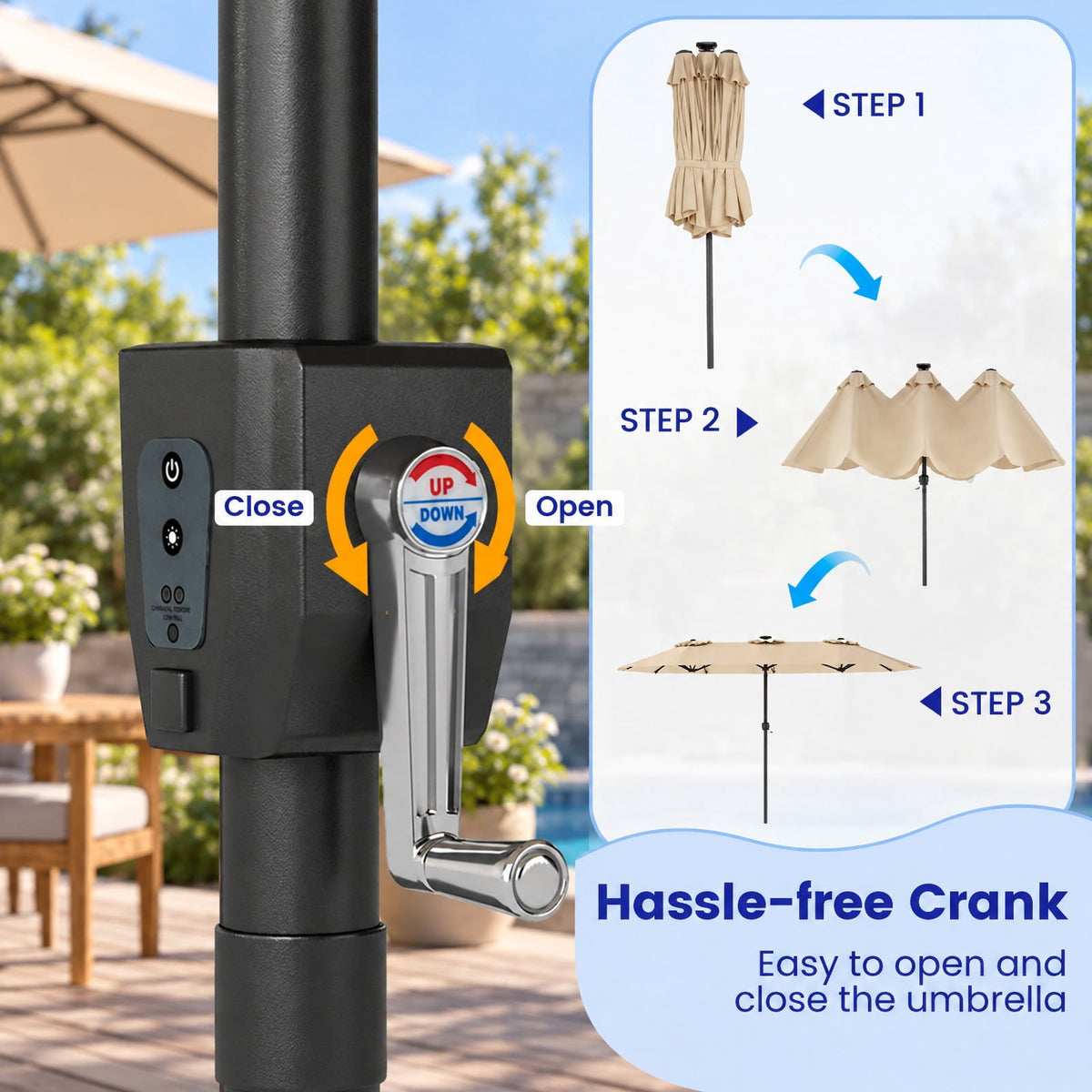 Airfind 13 FT Double-Sided Patio Umbrella with Color-Changing Flowing Solar LED Lights, Polyester Fabric Metal Frame, 13 x 7 ft Footprint, Beige
