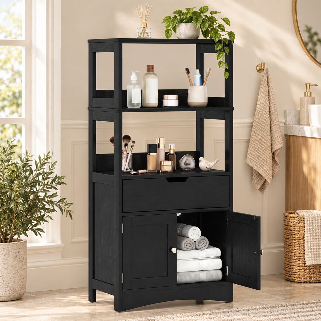 Airfind Bathroom Storage Cabinet with Open Shelves and Drawer, 110 lbs Capacity, Engineered Wood Frame, 24in x 13in x 48in Footprint, Black