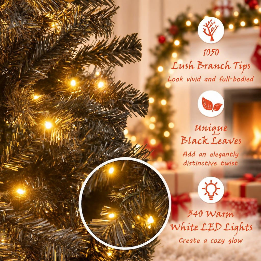 Airfind 6/7 FT Artificial Christmas Tree with Bendable Top Section and Warm Light-7 ft, PVC Metal Frame, 3 x 6/3.3 x 7 ft Footprint, Black