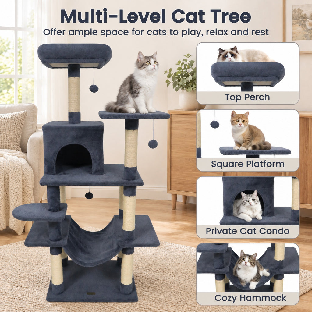 Airfind 58 Multi-Level Cat Tree Soft Plush Cat Tower with Padded Top Perch, PP Cotton Fabric Sisal Engineered Wood Overall Height 58 Base Frame