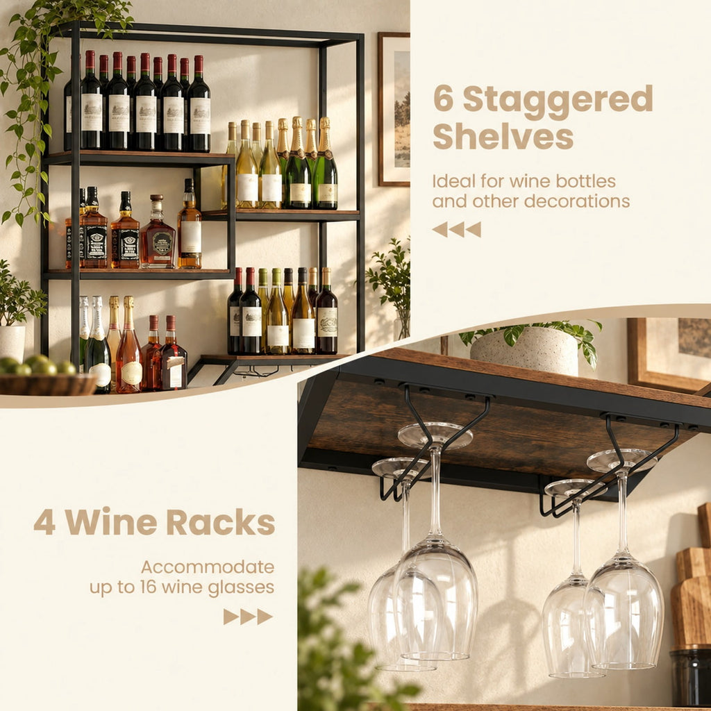 Airfind Wall Mounted Wine Rack 6-Tier Hanging Bar Shelf with Bottle Display Shelf and Glass Holder, Shelf 33 lbs Total Capacity, Brown