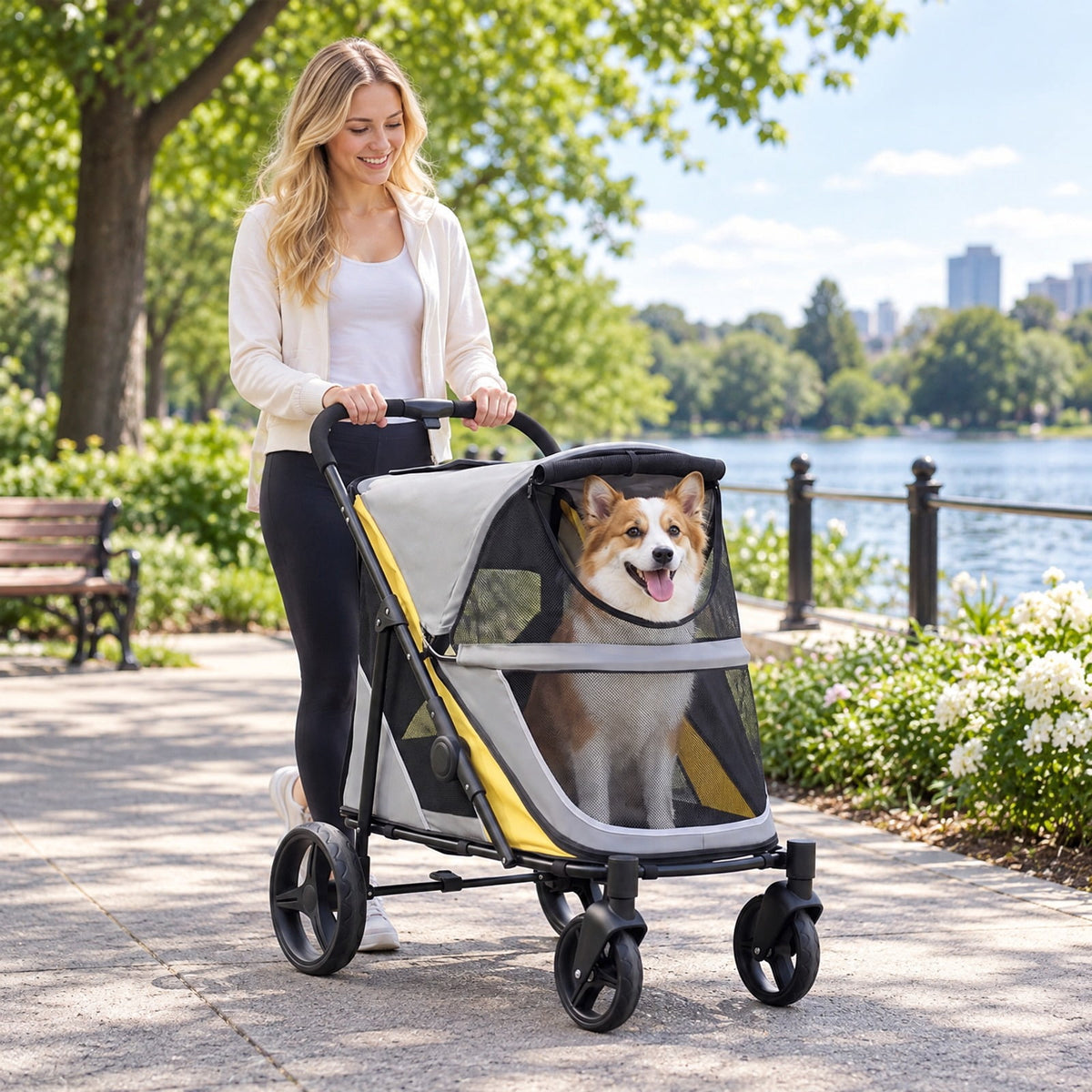 Airfind 220 LBS Heavy Duty Dog Stroller for Large and Medium Dogs with One-Step Foot Brake and Top and Front Windows, 41.5in x 27in x 40inCabin Footprint