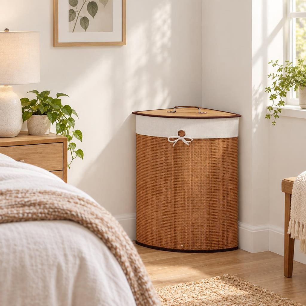 Airfind Bamboo Laundry Hamper Basket with Lid and Removable Liner Bag, Bamboo and polyester cotton Frame, Yellow