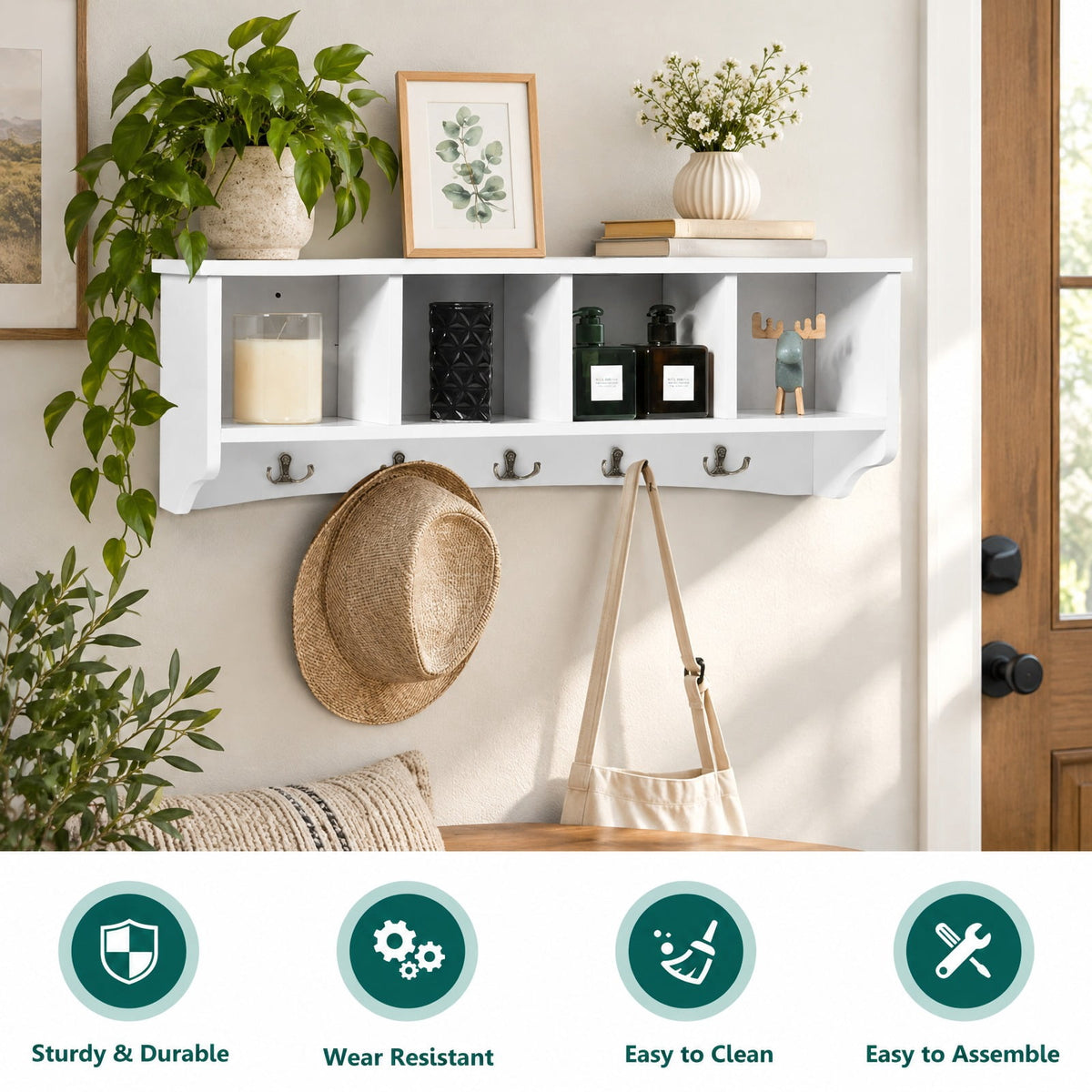 Airfind Wall-Mounted Storage Cabinet Hanging Entryway Shelf Coat Rack, 11 lbs Capacity, P2 MDF Frame, White