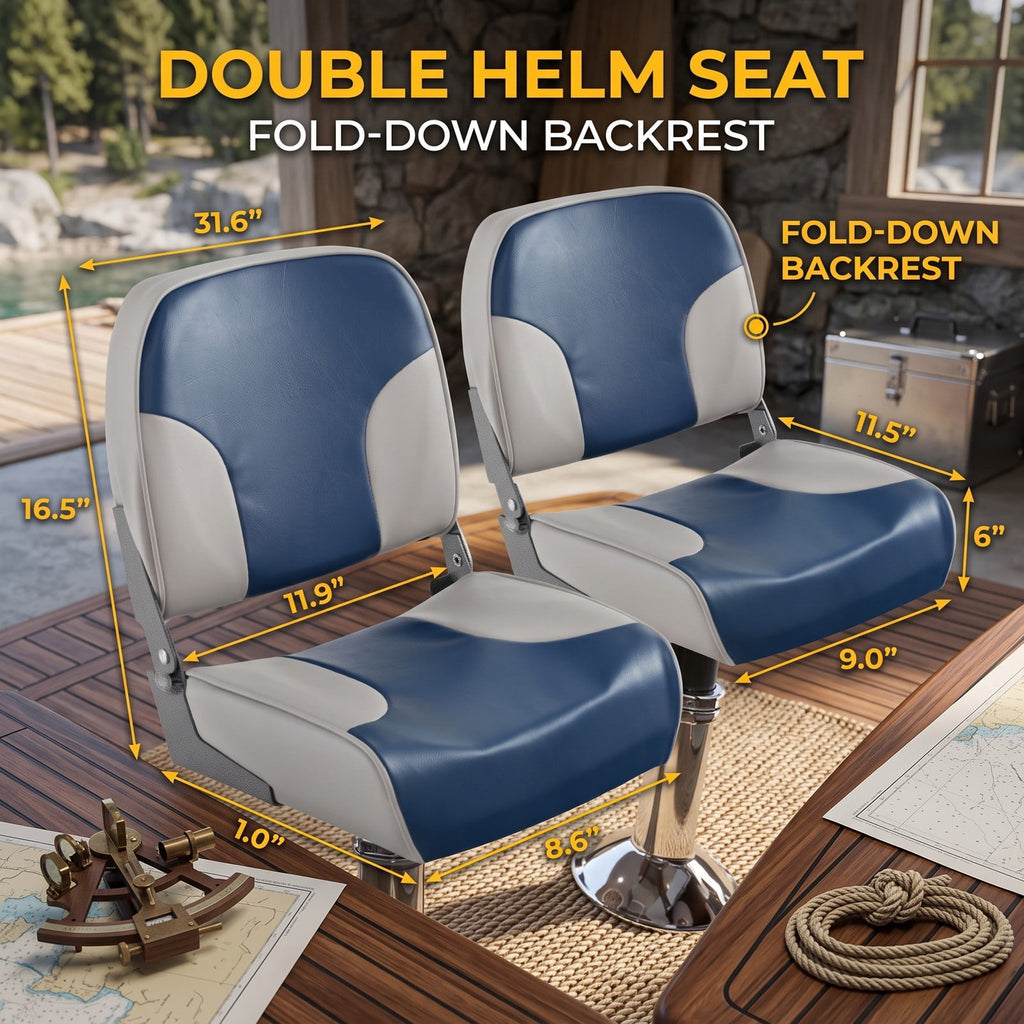 Airfind Low Back Folding Boat Seats Set of 2 with Thick Sponge Padding and Aluminum Hinges for Fishing and Pontoon Boats, Blue and Gray