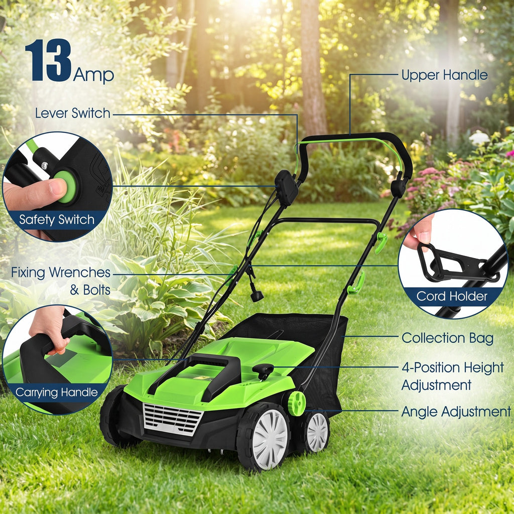 Airfind 15 Inch 13 Amp Electric Scarifier with Collection Bag and Removable Blades, PP steel Frame, Green