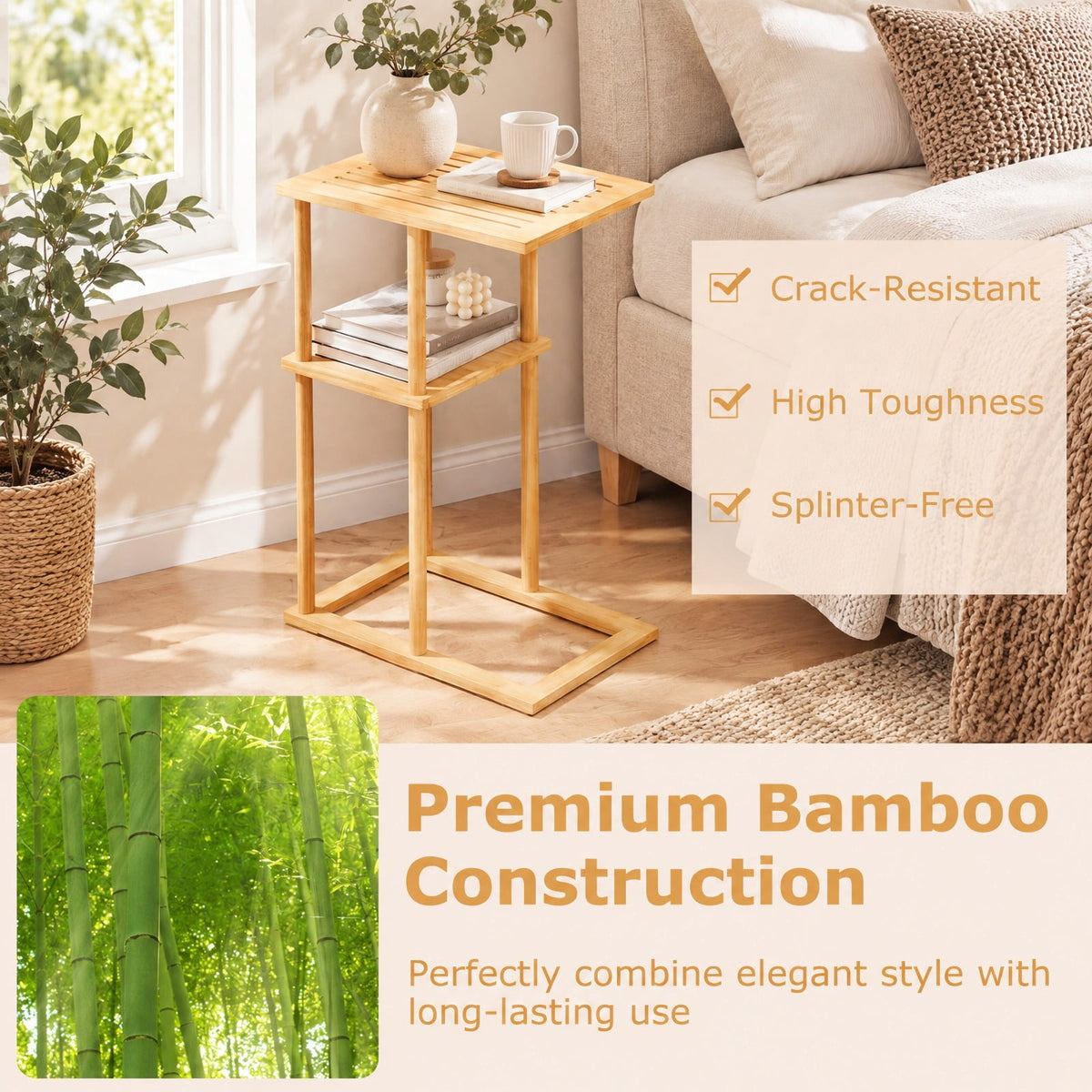 Airfind Side Table Set of 2 with Storage Shelves and Bamboo Construction, 22 lbs Capacity, Bamboo, 15.7 Inch x 11 Inch x 25.6 Inch , Natural