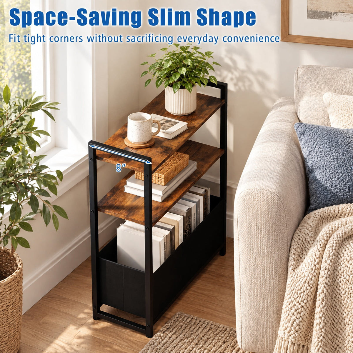Airfind Narrow End Table with Storage Shelves and Metal Frame, 25 lbs Capacity, Engineered Wood Metal Fabric Frame, 19 x 8 x 25.5 Footprint