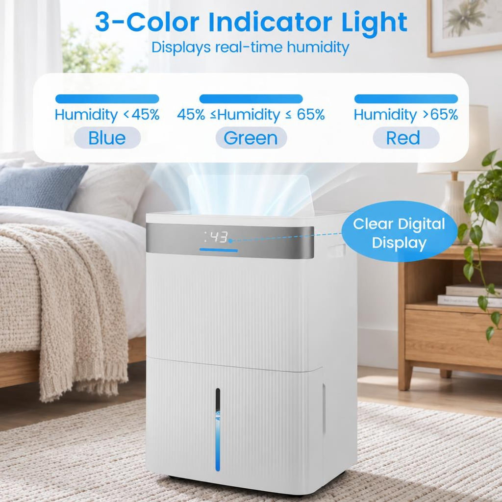 Airfind Dehumidifier, 96 Pints, with 24H Timer and 3-Color Indicator, ABS Frame, 13.5 Inch x 10.5 Inch x 20.5 Inch/34 x 26.5 x 52 cm Footprint, White