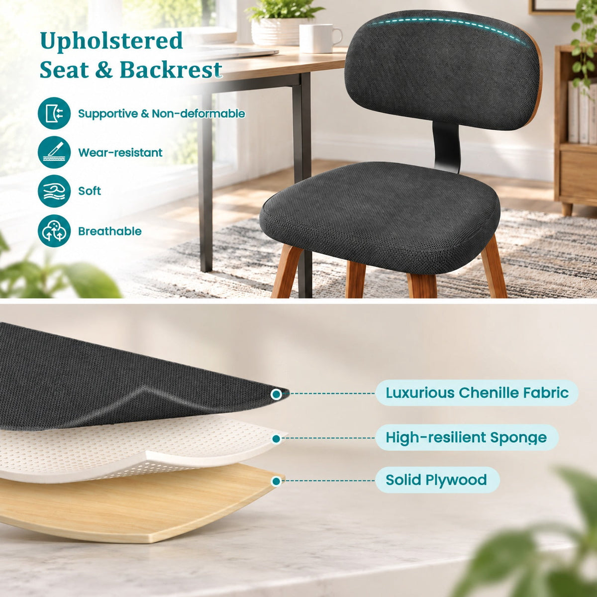 Airfind Chenille Fabric Upholstered Wooden Kitchen Chairs Set of 4, Chenille Sponge Bentwood Metal Frame, 330 lbs Capacity, Dark Gray