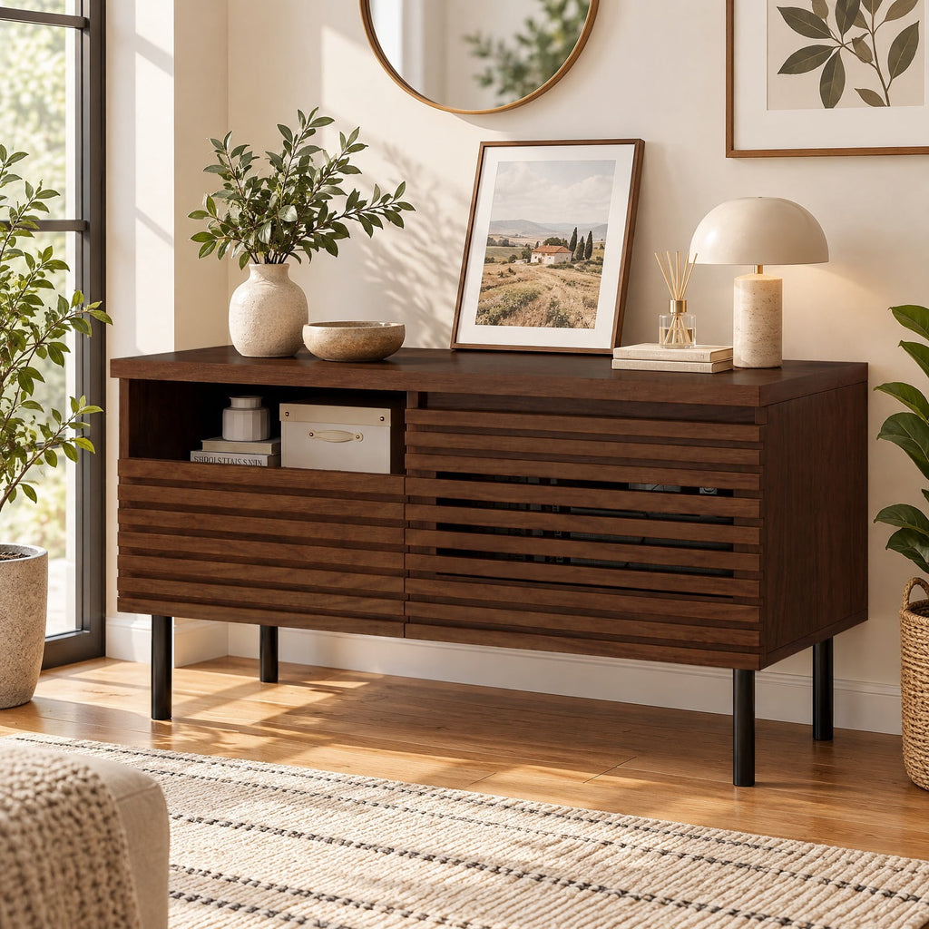 Airfind Mid Century Fluted TV Stand for 40 Inch TV Modern Entertainment Center with Open Compartment, 110 lbs Capacity, Metal Engineered Wood Frame