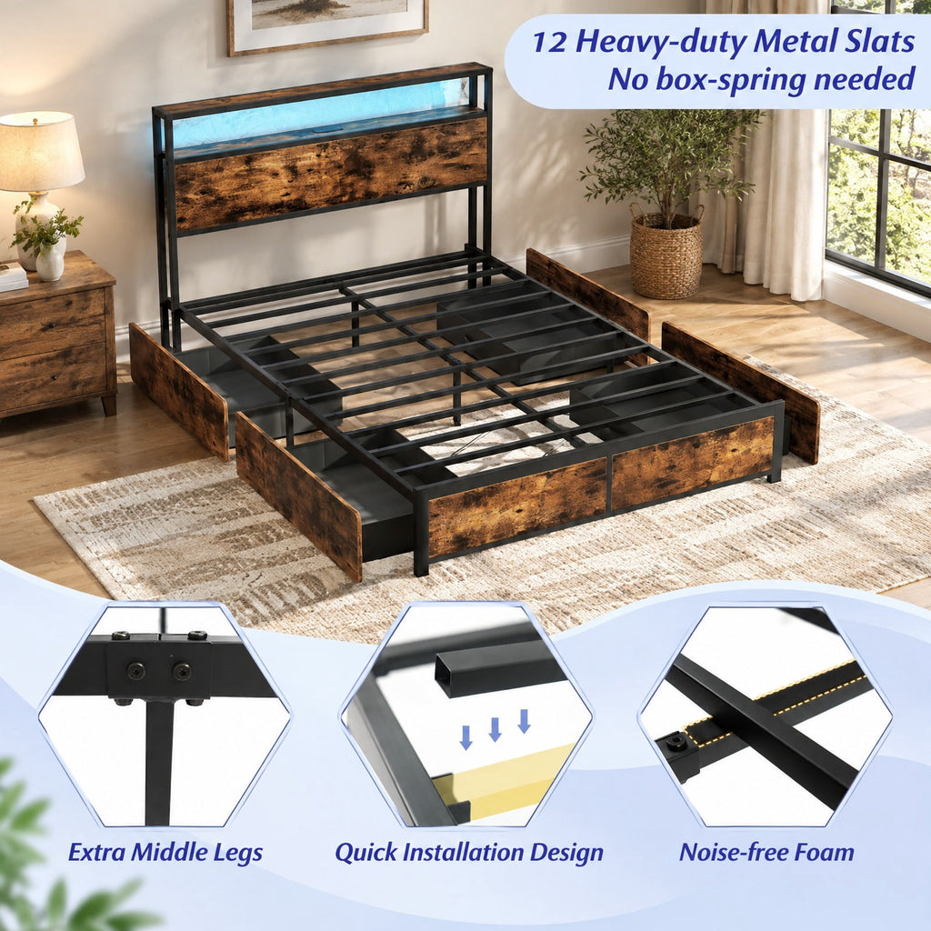 Airfind Full/Queen Size LED Bed Frame with Charging Station and 4 Storage Drawers, 81 Inch x 56 Inch x 40 Inch Inner Footprint