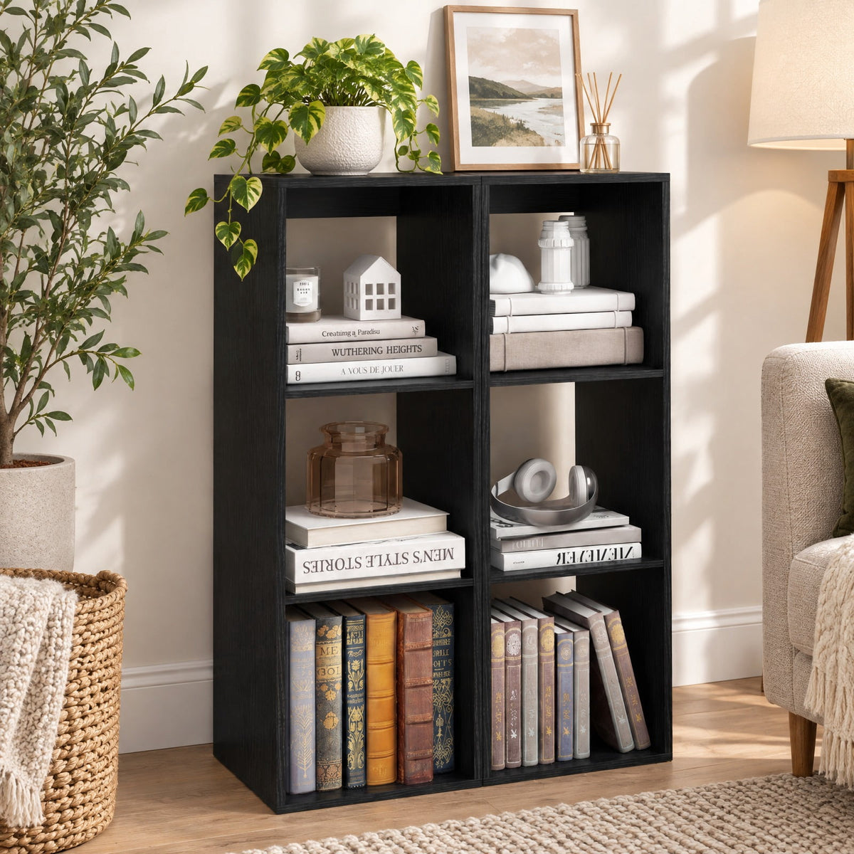 Airfind 3 Cube Bookshelf with Back Guardrail for Living Room Bedroom, Engineered Wood Frame, 14 Inch x 13 Inch x 41 Inch Depth of Bottom Shelf 12 Inch Footprint