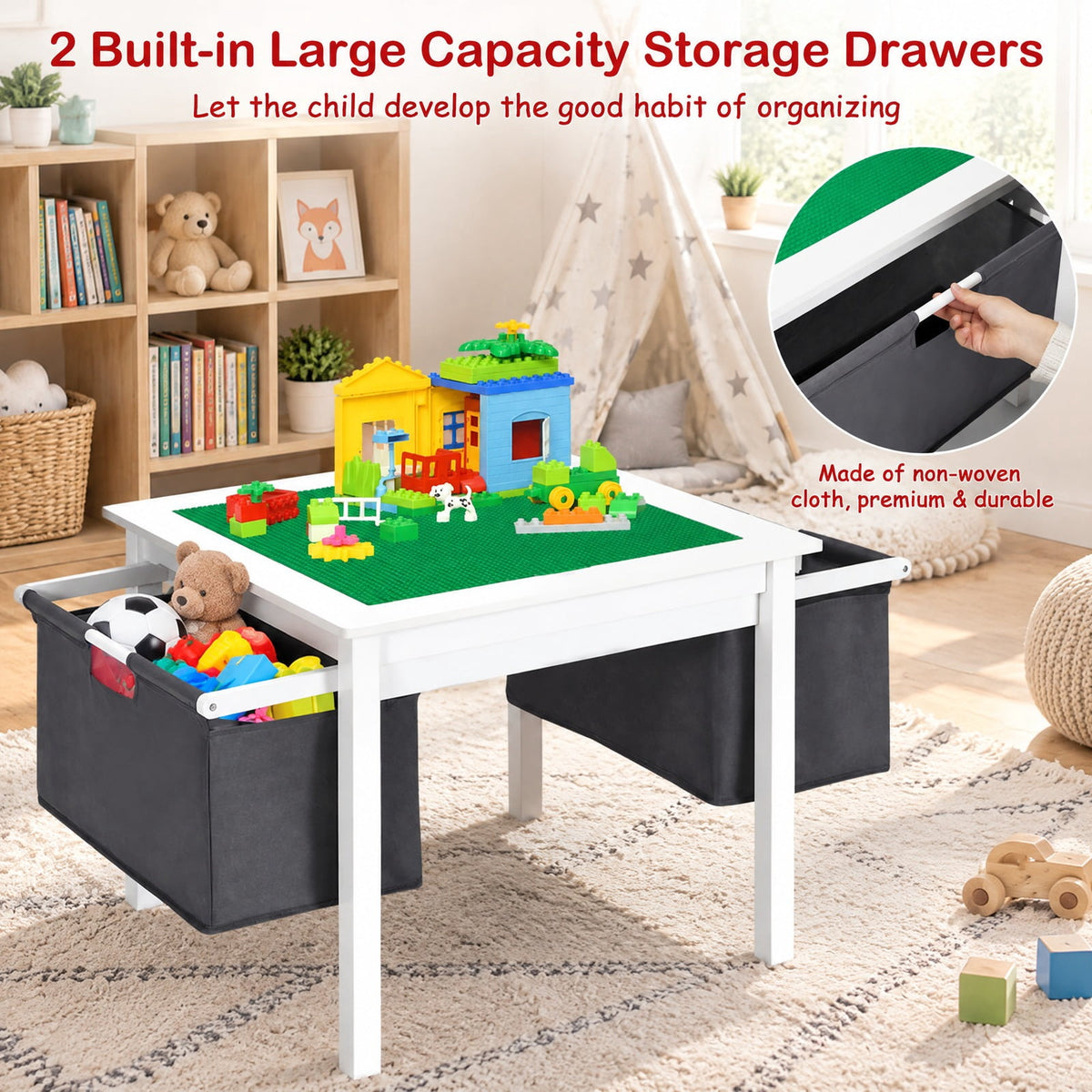 Airfind 2-in-1 Youth Activity Table and 2 Chairs Set with Storage Building Block Table, 200 Lbs Capacity, MDF Non-woven Fabric, for 3-8 Years, White