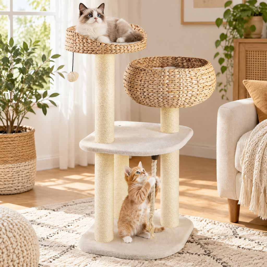 Airfind 41 Inch Rattan Cat Tree with Napping Perch, Water hyacinth straw sisal rope particle board Frame, White