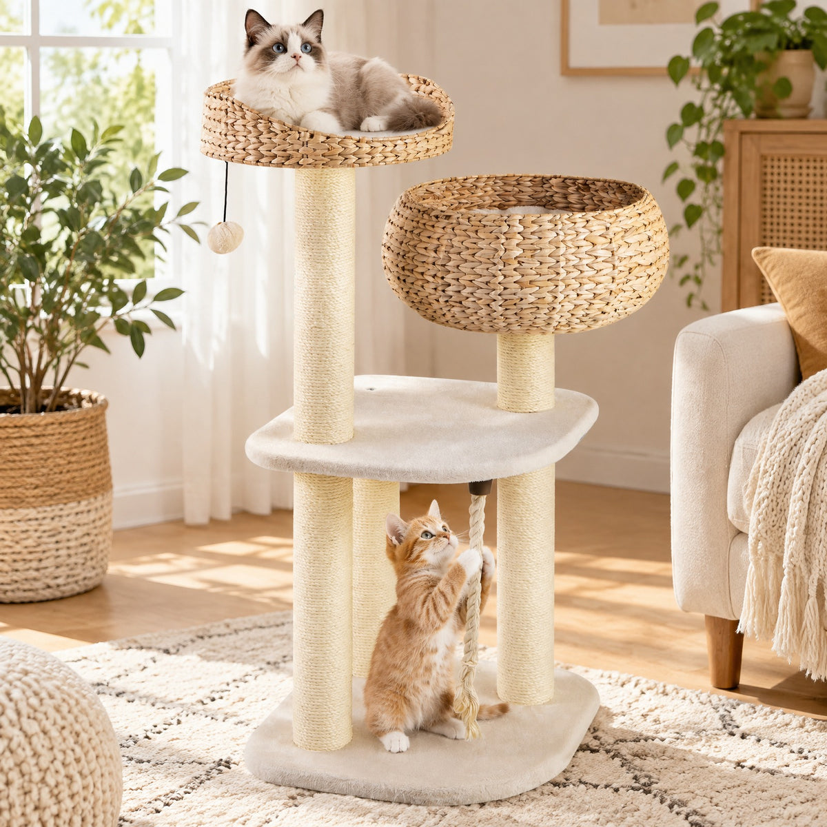 Airfind 41 Inch Rattan Cat Tree with Napping Perch, Water hyacinth straw sisal rope particle board Frame, White
