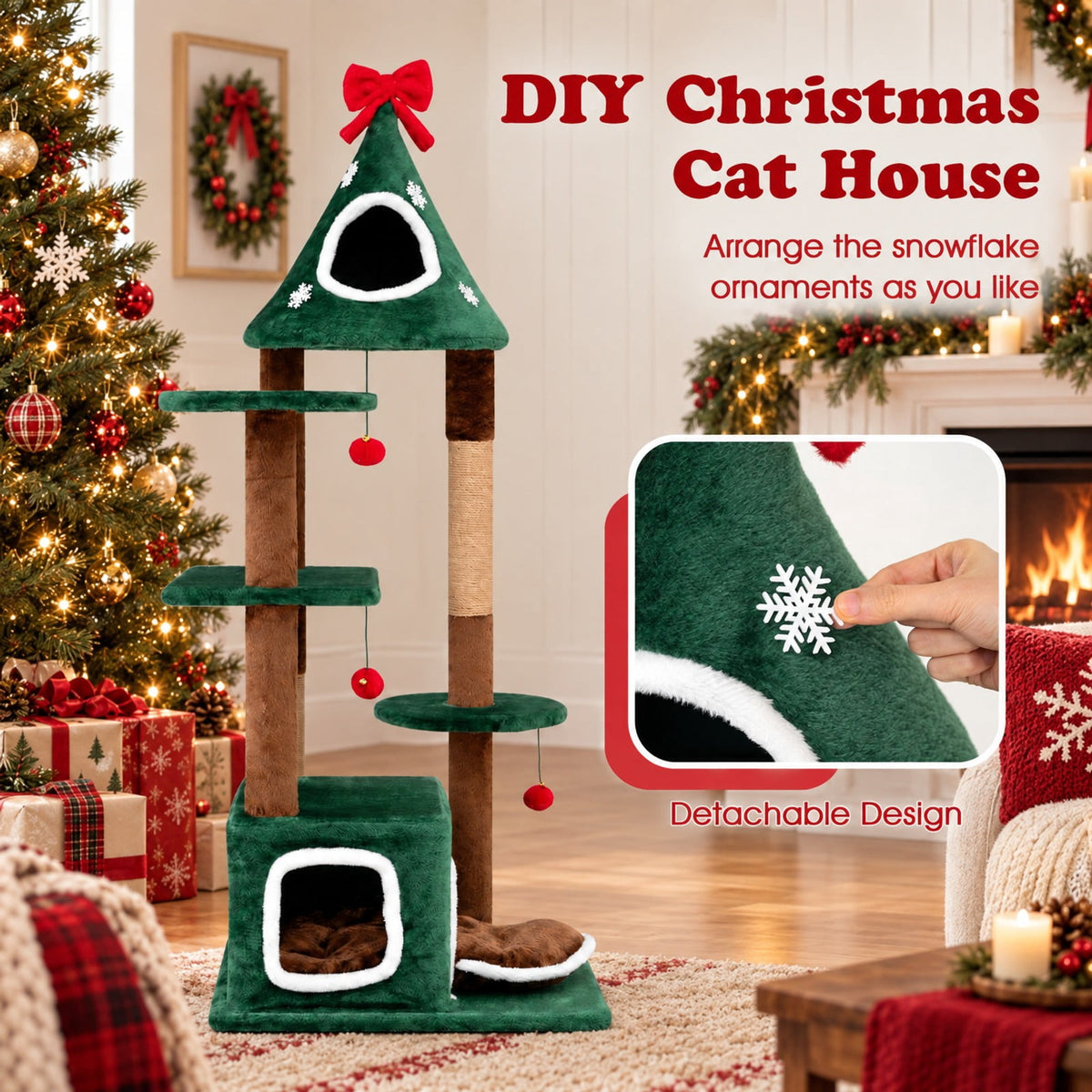 Airfind 54Christmas Cat Tree with 2 Condos and Removable Cushion, 22 lbs Capacity, Engineered Wood Frame, 30 x 24.5 x 54 Footprint, Green