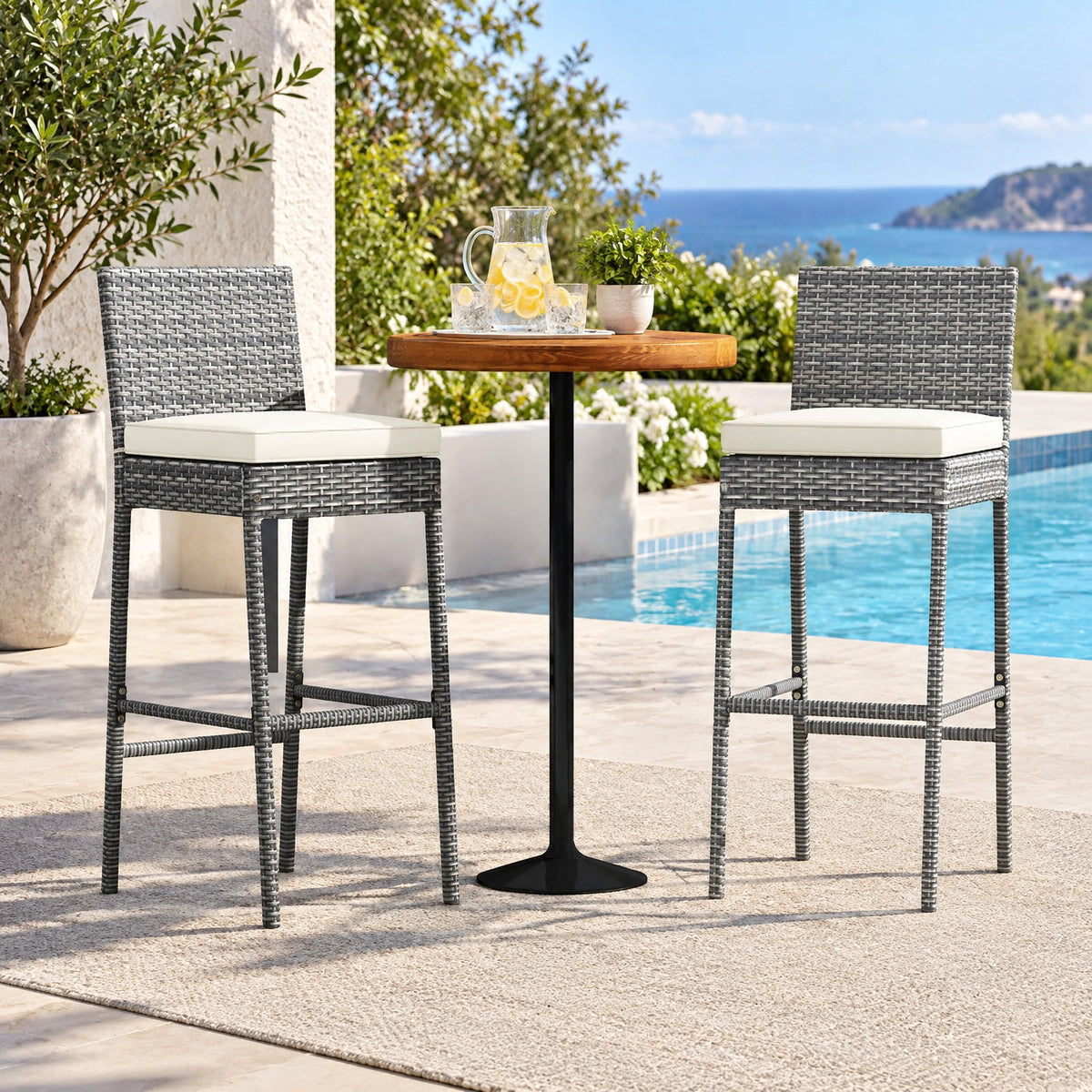 Airfind Set of 2/4 Patio Wicker Barstools with Soft Seat Cushion and Cozy Footrest-Set of 4, Fixing ties keep the cushions in place