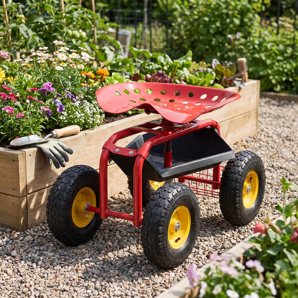 Airfind Red/Green Garden Cart Rolling Work Seat With Heavy Duty Tool Tray Gardening Planting, 33 x 16 x 22 Footprint, Red
