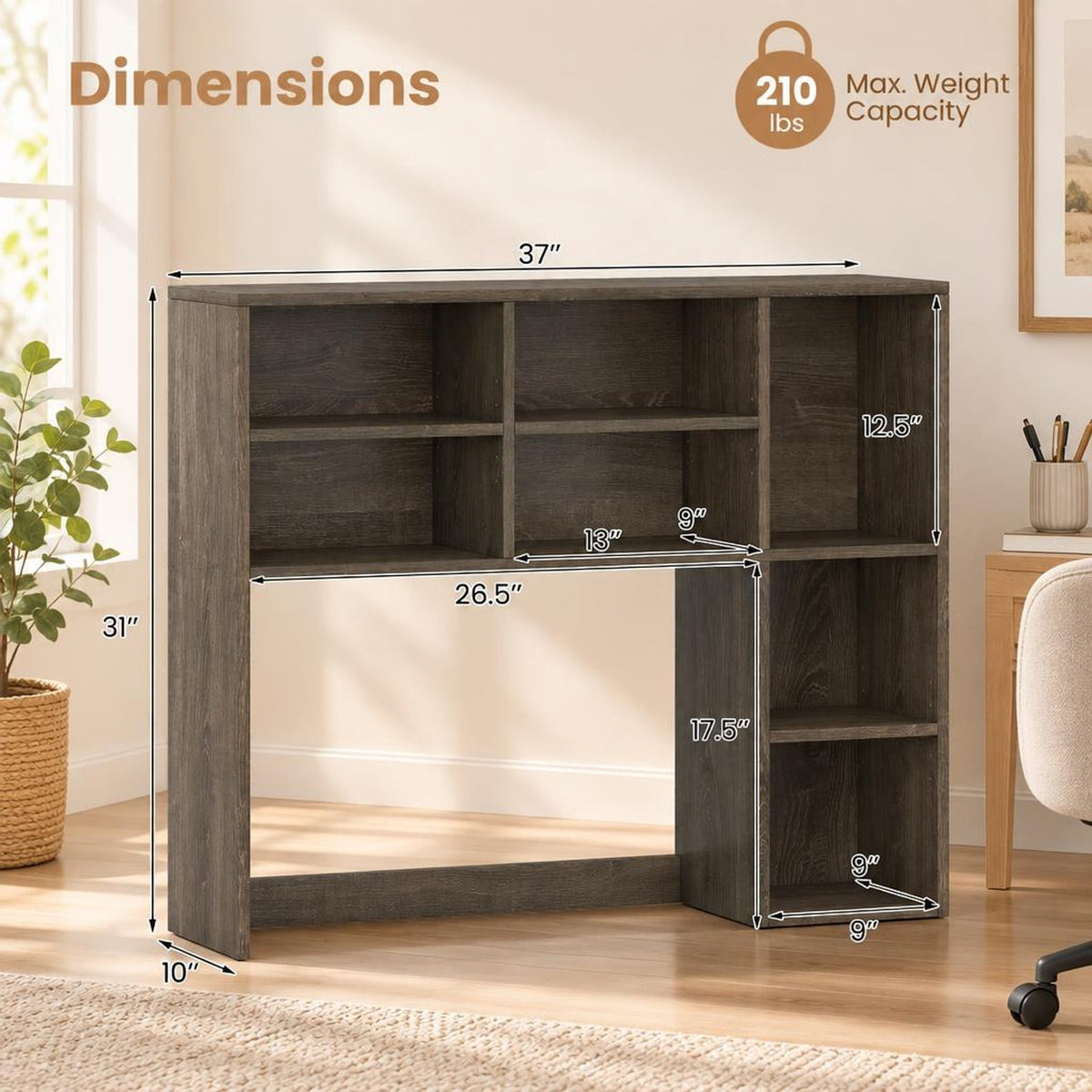 Airfind Desktop Bookshelf with 7 Open Cubbies and 3 Adjustable Shelves, 210 lbs Capacity, Engineered Wood MDF Frame, 37in x 10in x 31in Footprint