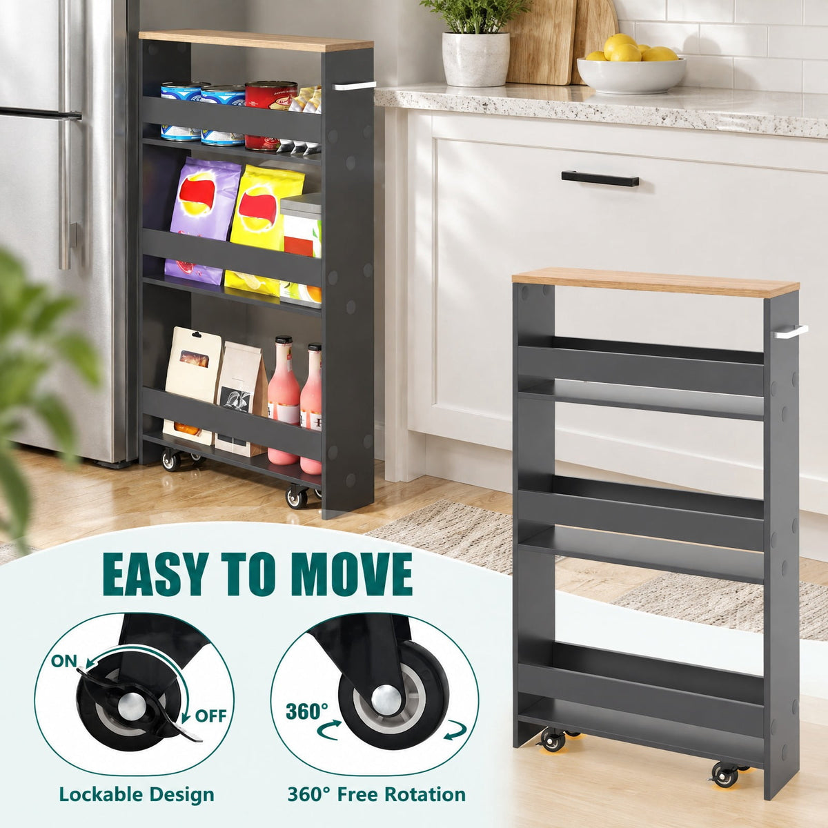 Airfind Rolling Kitchen Slim Storage Cart Mobile Shelving Organizer with Handle, Engineered wood Frame, 19in x 5in x 32in Footprint, Gray