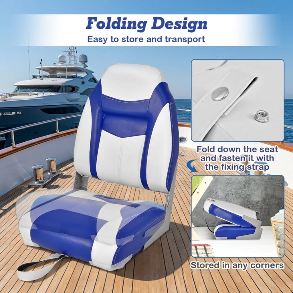 Airfind High Back Folding Boat Seat with Soft Padded Cushion and Waterproof Vinyl for Fishing and Pontoon Boats with Aluminum Hinges, Blue