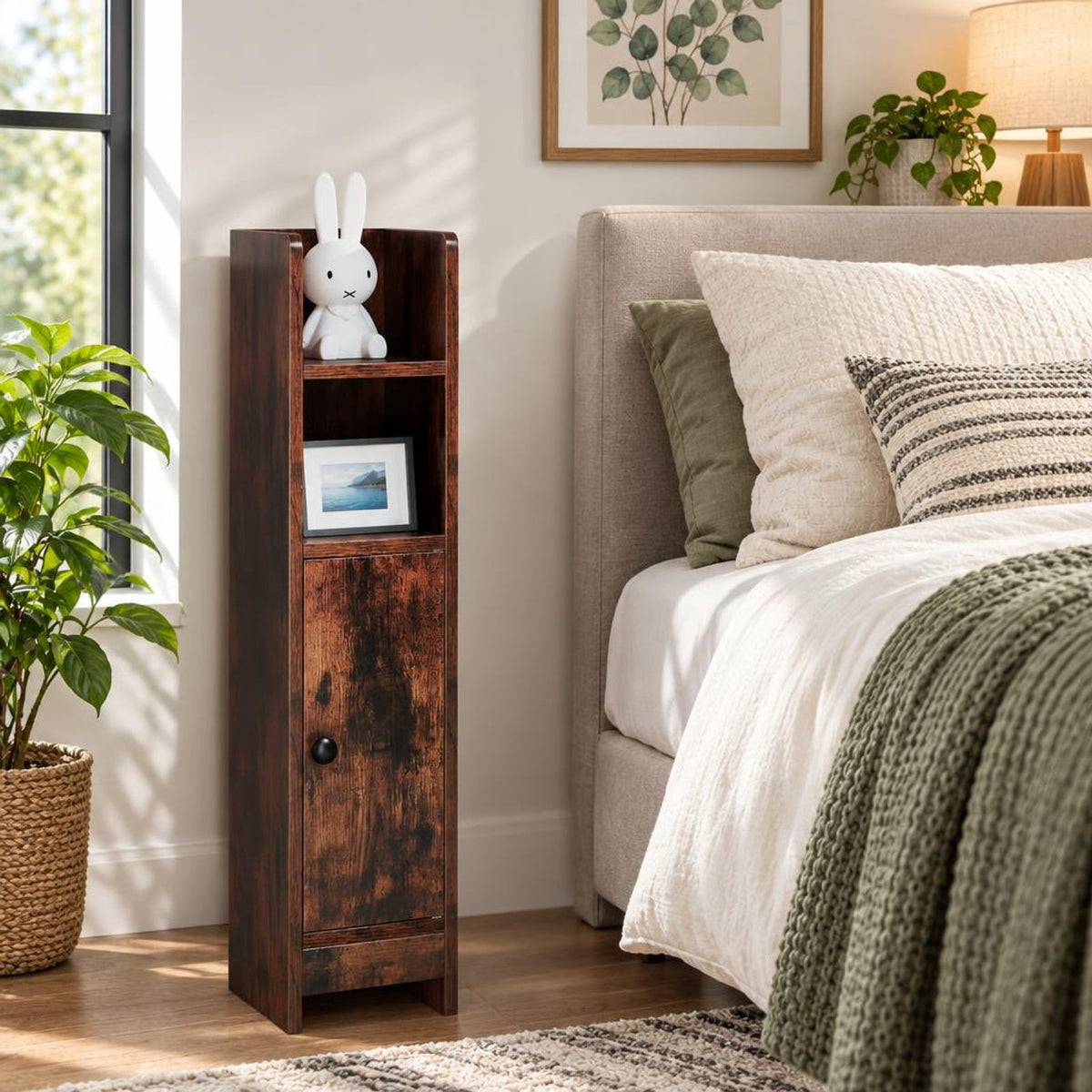 Airfind Bathroom Slim Cabinet Corner with Door and Adjustable Shelf, 44 lbs Capacity, Engineered Wood Frame, Brown