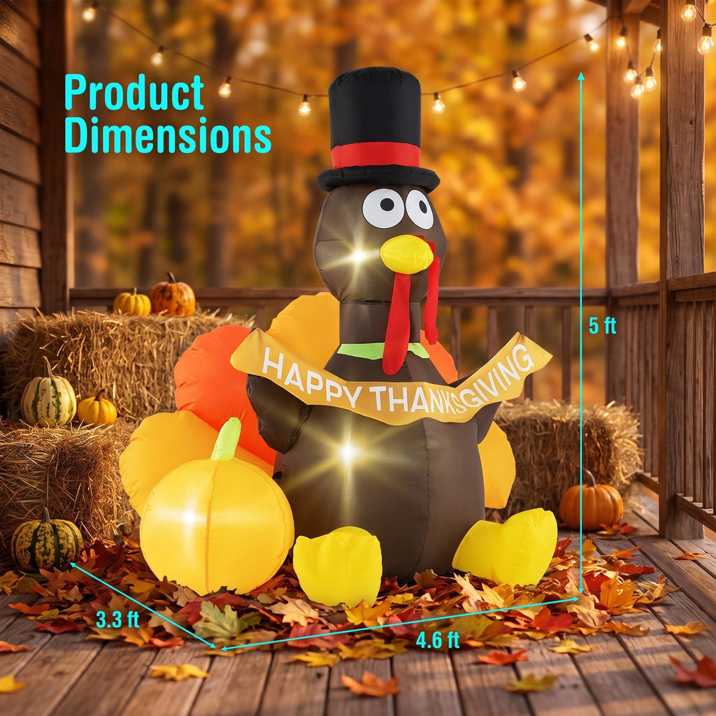 Airfind 5 FT Inflatable Turkey with Pumpkin and LED Lights for Indoor Party, 190T Polyester Fabric, 4.6 x 3.6 x 5 ft Length of