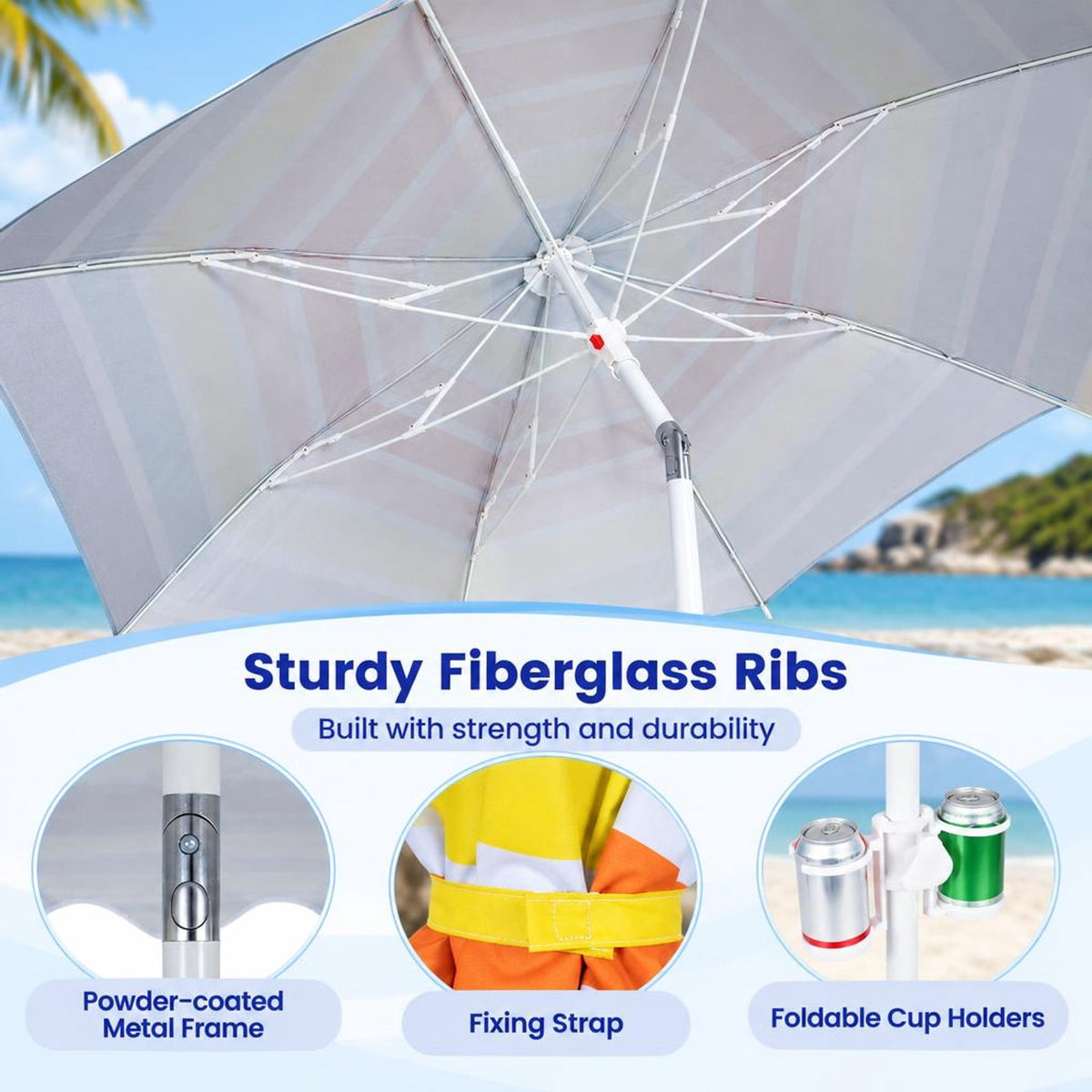 Airfind 6.5 FT Beach Umbrella UPF 50+ with Sand Anchor for Garden Pool Backyard, Polyester Fabric Metal Aluminum Alloy PP Frame, Blue Stripe
