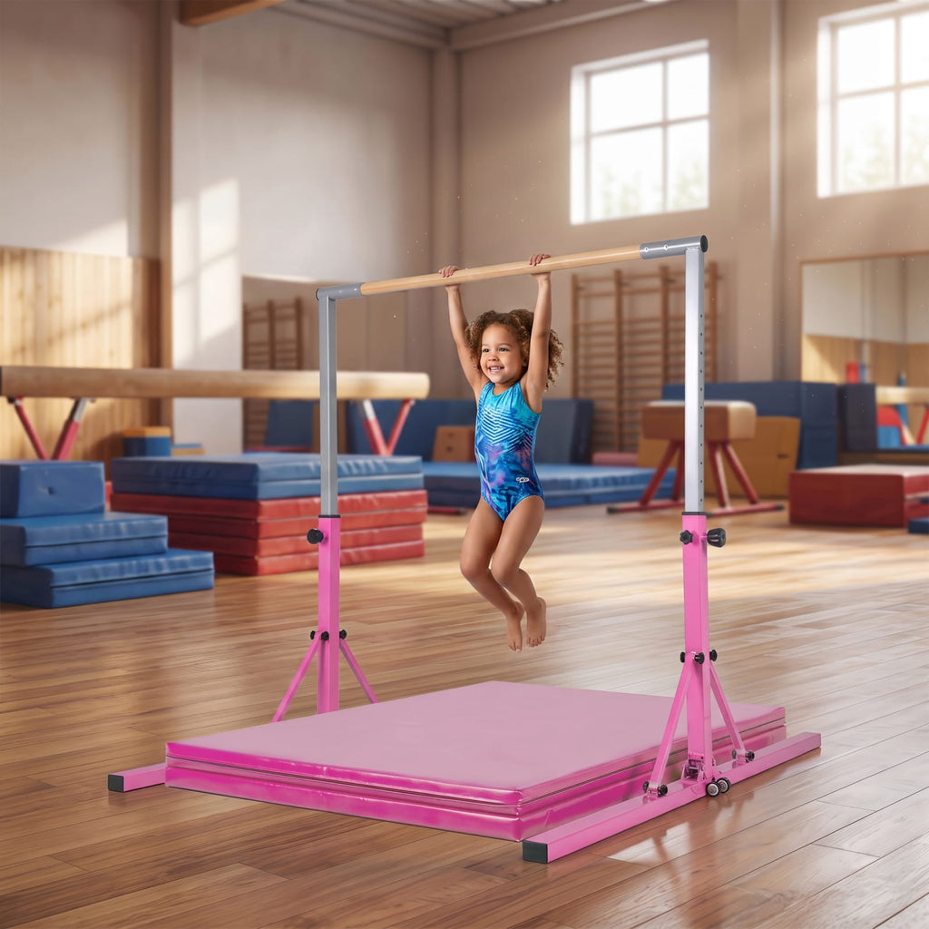 Airfind Foldable Gymnastics Bar for Kids with 3 Level Adjustable Height and Bamboo Grip Bar for Home Balance and Coordination Training, Pink
