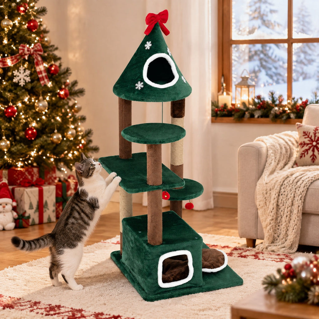 Airfind 54Christmas Cat Tree with 2 Condos and Removable Cushion, 22 lbs Capacity, Engineered Wood Frame, 30 x 24.5 x 54 Footprint, Green