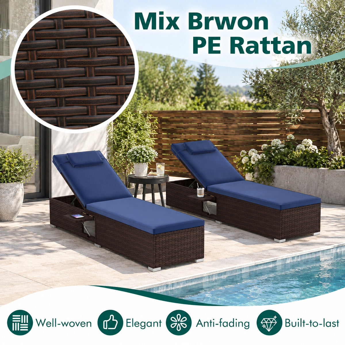 Airfind Outdoor PE RattanChaise Lounge with 6-level Backrest, 400 lbs Capacity, PE Rattan Metal Polyester Sponge Frame, Navy