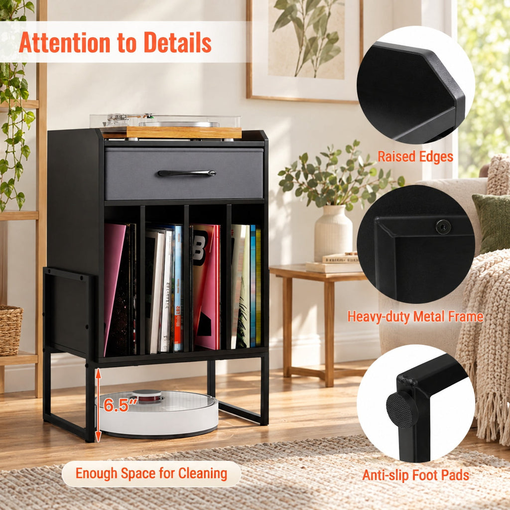Airfind Record Player Stand with Drawer and Record Holder, 66 lbs Capacity, Engineered Wood MDF Metal Non-woven Fabric Frame, Black