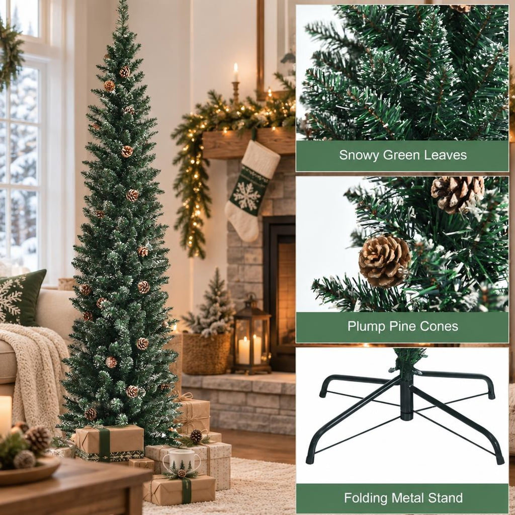 Airfind 7 Ft Pencil Christmas Tree featuring Snowy PVC Branches, 351 Tips, 41 Pine Cones and Foldable Metal Stand for Holiday Decor, Green