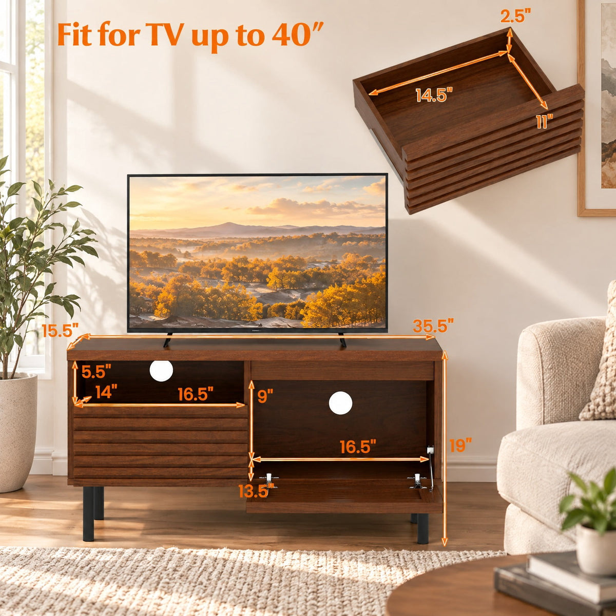 Airfind Mid Century Fluted TV Stand for 40 Inch TV Modern Entertainment Center with Open Compartment, 110 lbs Capacity, Metal Engineered Wood Frame