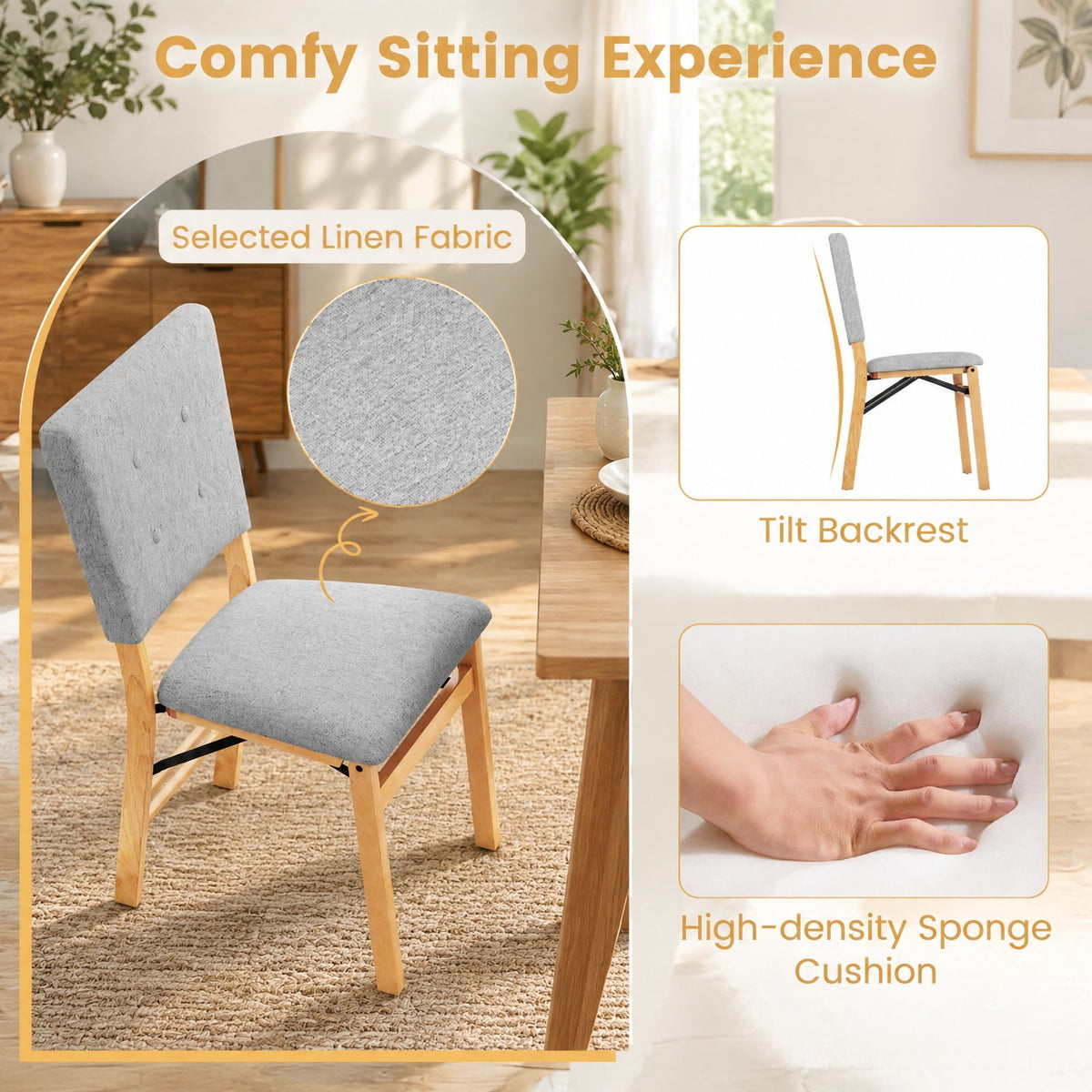 Airfind Foldable Dining Chair Set of 2 Armless Kitchen Chair with Padded Seat and Tilt Backrest, Rubber Wood MDF Sponge Linen Fabric Frame, Gray