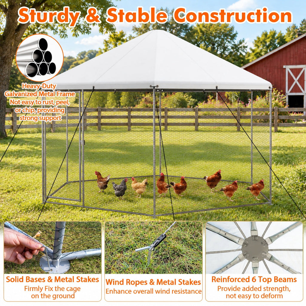 Airfind 13FT Large Metal Hexagonal Chicken Coop with Wire Mesh and Lockable Door, Galvanized Steel 210D Oxford Fabric Frame, Silver