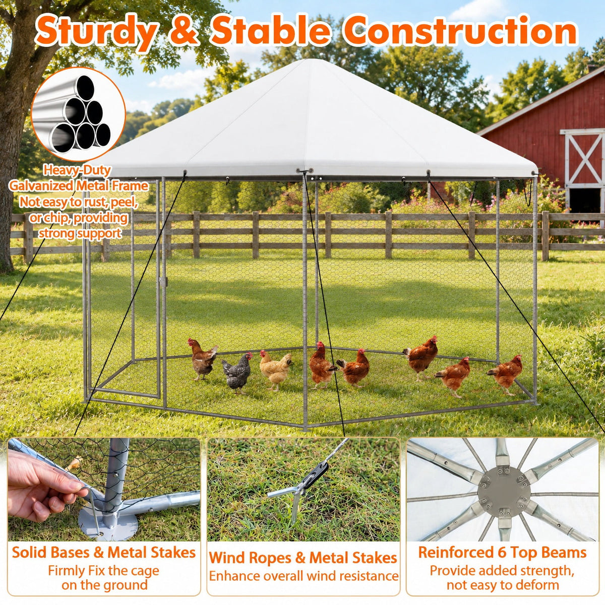 Airfind 13FT Large Metal Hexagonal Chicken Coop with Wire Mesh and Lockable Door, Galvanized Steel 210D Oxford Fabric Frame, Silver