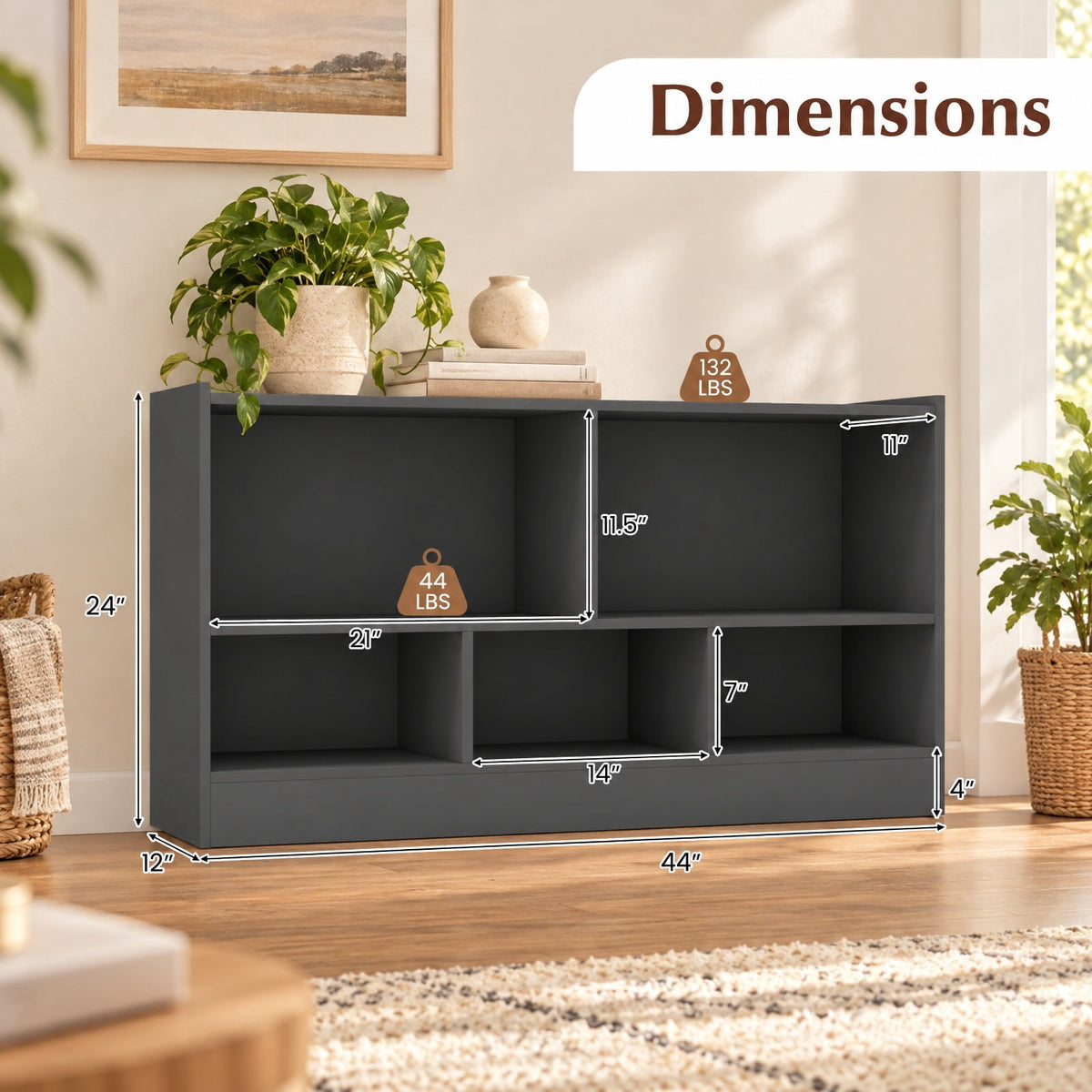 Airfind Kids 5-Cube Bookcase and Toy Storage Organizer, 2-Tier Low Shelf, 44 Inches Wide, for Playroom and Bedroom, Gray